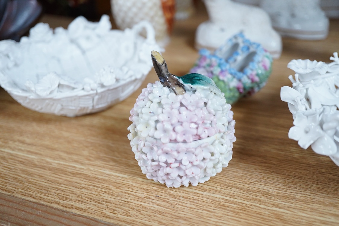 A pair of Worcester 'owl' candle snuffers, Staffordshire Zebra and two sheep, Belleek etc zebra 19cm wide.